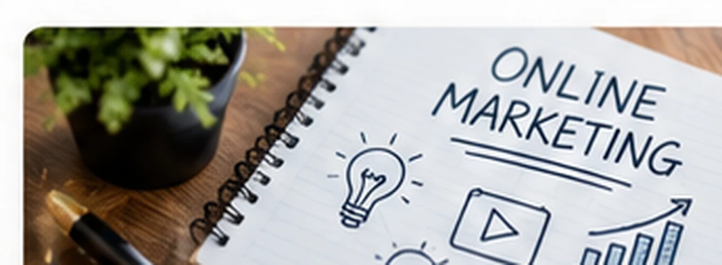 Notizbuch mit Skizzen zu Online-Marketing und digitaler Strategie