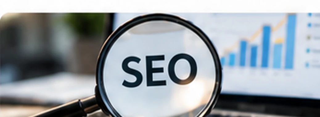 Symbolische Darstellung der SEO-Analyse mit Lupe und Diagrammen